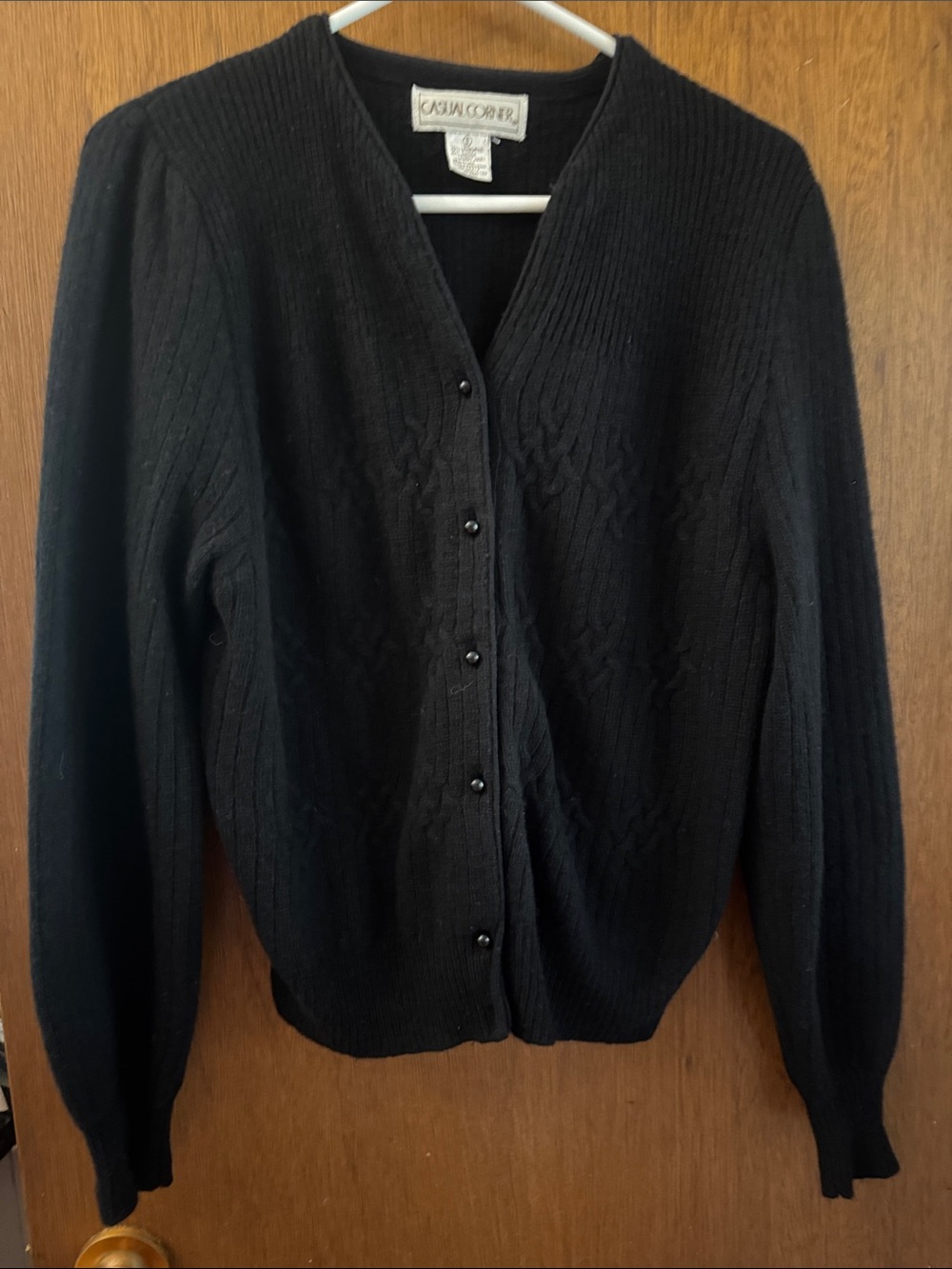 Casual Corner Black V-Neck Button Cardigan with Subtle Cable Detail